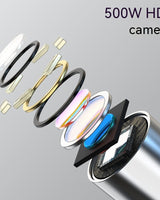 Camera lens with metallic rings on a gray background, labeled '500W HD camera'.